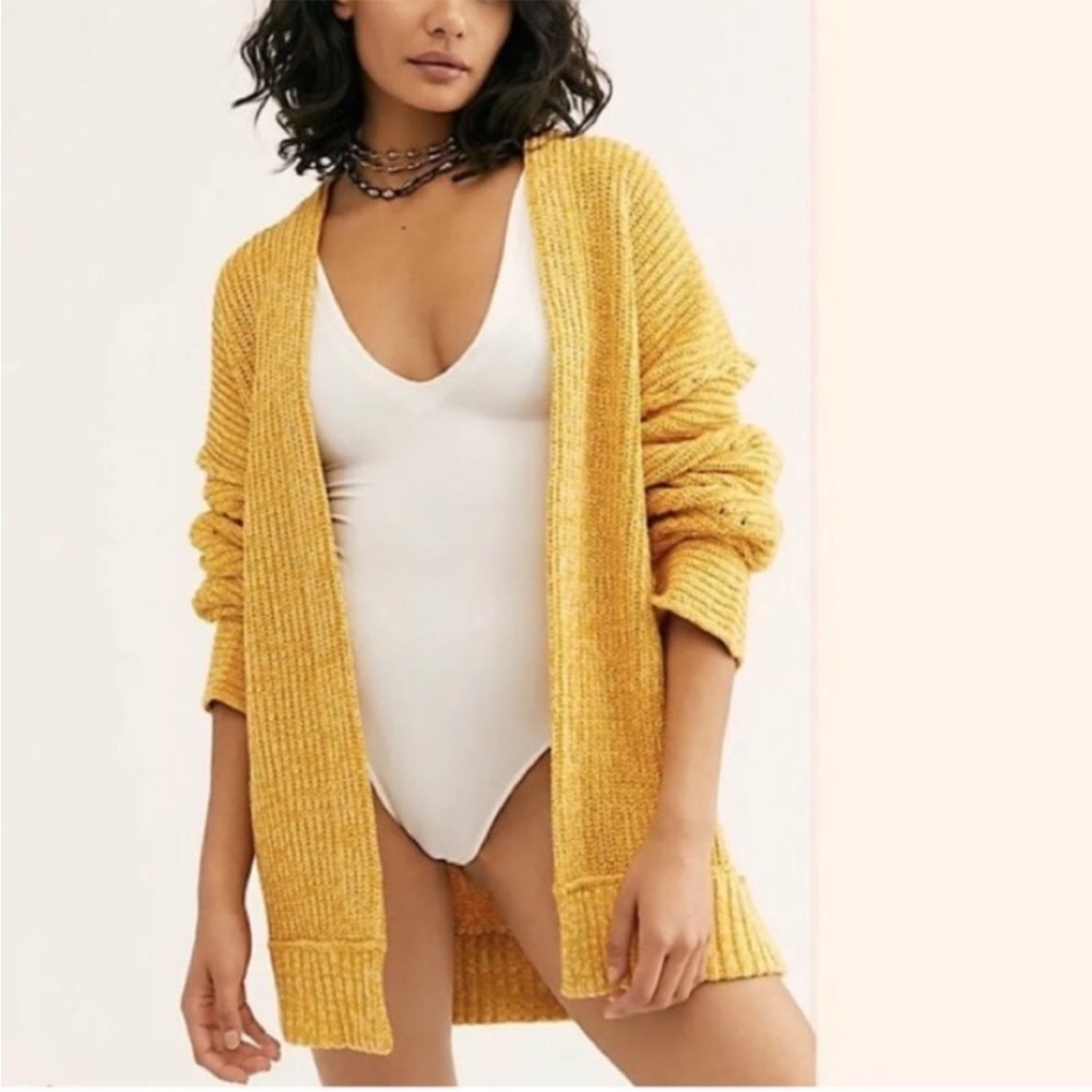 Free People High Hopes Cardi Sweater chunky knit oversized boxy yellow